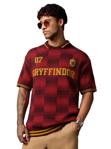 Image of The Souled Store Harry Potter: Gryffindor Quidditch Men and Boys Short Sleeve Spread Collar Red and Maroon Jacquard Knit Acrylic Oversized Drop Shoulder Lightweight Polos