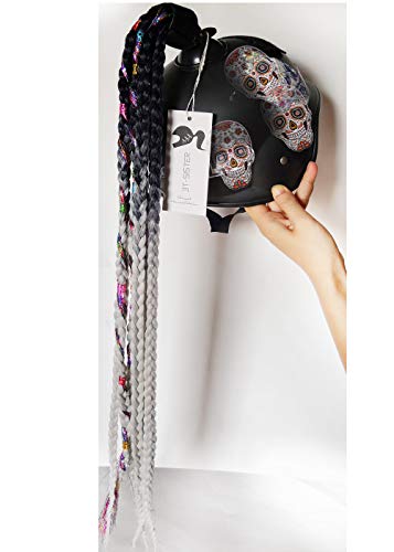 3T-Sister Helmet Pigtails Helmet Ponytail Helmet Braids Suction Cup Helmet Hair With Rainbow Bling Bars Used For Any Motorcycle Bicycle Helmet 24In Ombre Black To Silver Gray + 2Pcs Free Pu Adhesive #TOP1