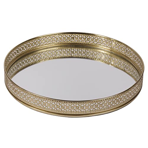 Image of Craft Brio -A TRENDY HANDICRAFTS Round Glass Mirror Gold Plated Tray Decorative Vanity Perfume Storage Pooja Wedding Gifting Display Laser Cutting Trays (25 X 3 H cm)
