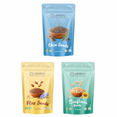 Image of AMAYU Healthy Seeds Combo Pack | Nutrient-Rich Superfoods for Daily Wellness | High in Fiber, Protein & Omega-3 | Premium Natural Seeds for Everyday Nutrition | 200g Each (Chia, Flax & sunflower seeds)