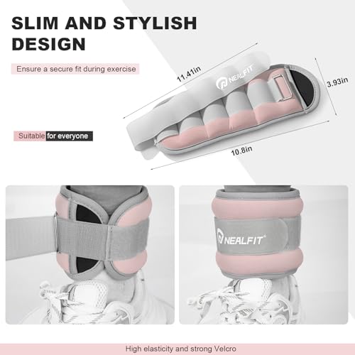 NEALFIT Ankle Wrist Weights, Adjustable Arm Leg Weights for Women Men, Secure Fit Non-Slip Exercise Weights for Home Workout, Running, Walking, Aerobics, Physical Therapy (Pale Pink, 2Lbs Pair (1lb x 2))