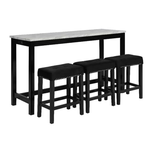 New Classic Furniture Celeste Faux Marble Theater Bar Table with 3 Bar Stool Set, Black Velvet with Black Base