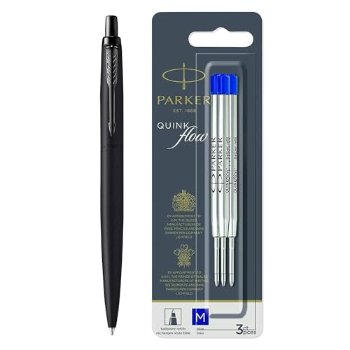 Parker Jotter XL - Bolígrafo negro mate monocromático, punta media, tinta azul, caja de regalo y recambios de bolígrafo Parker, punta media, tinta azul QUINKflow, 3 unidades