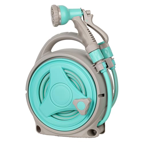 Retractable Garden Hose Reel 15M Compact & Portable Hose Pipe Reel with Adjustable Spray Gun Nozzle and Universal Adapter Lake Green