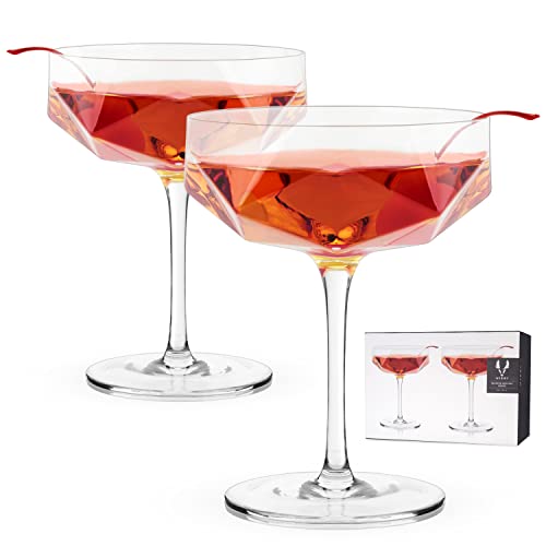 Viski Faceted Coupe Glasses Set Of 2, Champagn, Martini, Wine, Crystal Cocktail Glasses For Bar, Drinking Glass Set Of 2, 7Oz #TOP11