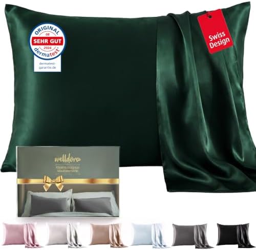 Welldora Kissenbezug 40x80 | 100% Seide 22 Momme, Bettwäsche Smaragdgrün | Luxuriöser Seidenkissenbezug aus Maulbeerseide | Höchste Güteklasse 6A, sanft zu Haut & Haar | OEKO-TEX z