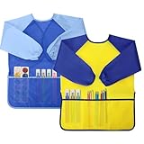 Yeunmu Kids Painting Apron 2 Pack, Waterproof Toddler Art Smock, Artist Smock for Kids Age 2-8 with Long Sleeve and 3 Pockets