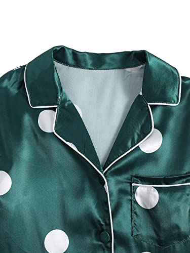 Lyaner Women's Pajamas Set 7Pcs Silk Satin Sleepwear Loungewear Cami Shirt Pj Set Polka Dots Green Large #TOP2