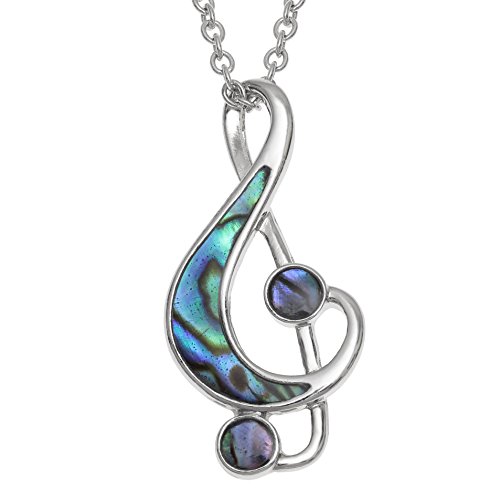 Kiara Jewellery Chaîne avec pendentif en forme de note de musique incrusté de nacre naturelle bleu-vert ; chaîne de 46 cm Plaqué en rhodium argenté qui ne...