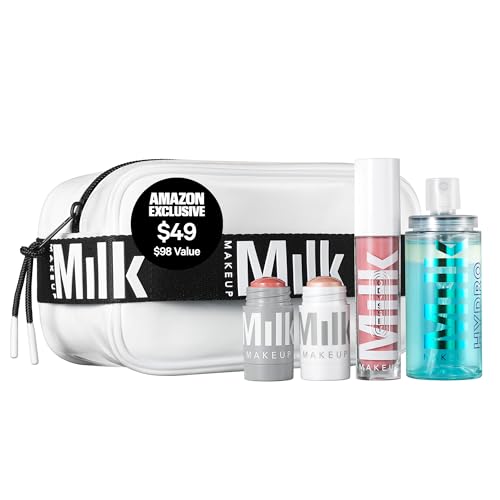 Image of Milk Makeup Travel Friendly Intro Gift Set - 12HR Setting Spray 1.69oz, Blush + Lip Color (Werk /Dusty Rose) .21oz, Lip Oil (Werk Trip /Dusty Rose) .2oz, Highlighter (Lit /Champagne) .21oz + Makeup Bag
