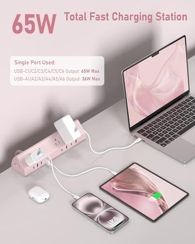 Image of Jgstkcity Desk Clamp Power Strip USB C 65W,Surge Protector,Pink | Surge Protector,5 Outlets,1875W Extension Cord,ETL Listed,Outlet Extender Desk Organizer,Office,Gaming,Dorm