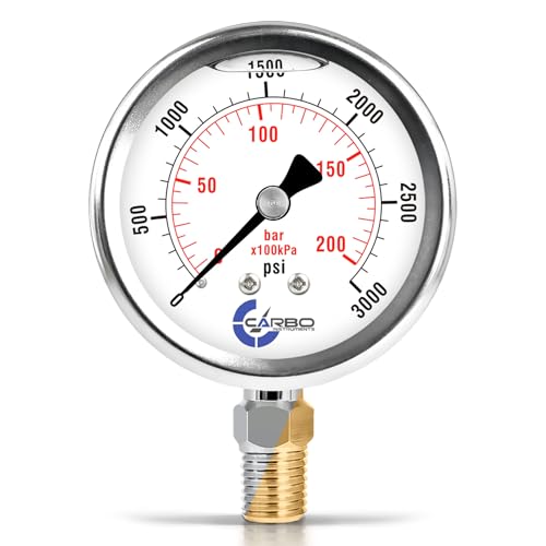 CARBO Instruments 3000 PSI Glycerin Liquid Filled Pressure Gauge, 2.5" Dial, 1/4 NPT Lower Mount, 304 Stainless Steel Case, Brass Wetted Parts, Dual Scale PSI/Bar - ASME B40.1 Grade A