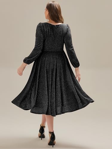 Ever-Pretty Plus Women's Tea Length Glitter Formal Dress V Neck Long Sleeve Plus Size Wedding Guest Dresses with Pockets3