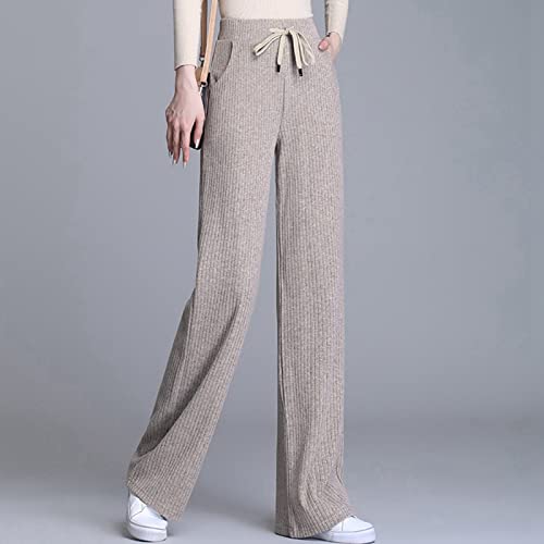 CBZOJBKPZDY Damen Strickhose - Herbst Und Winter Damen Kaschmir Hose Mit Weitem Bein Dicke Strickhose Elastische Hohe Taille Lose Braune Hose Mit Geradem Bein Elegante Lässig Im Freien,COF Cover