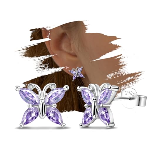 Butterfly Earrings for Girls Trendy - 14k White Gold Plated Hypoallergenic Earrings Gold dainty Earrings Silver Cartilage Earrings Birthstone Stud Earrings Post Gifts for Women Teens