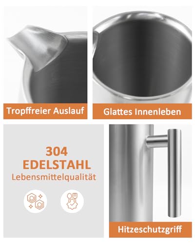 Dixmas French Press 1000 ml / 8 Tassen, Kaffeebereiter aus Edelstahl, doppelwandig isoliert, Kaffeepresse mit Ersatzfilter - 1 Liter