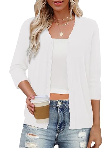 White Sweater Cardigan for Women 3/4 Sleeve Button V-Neck Open Front L