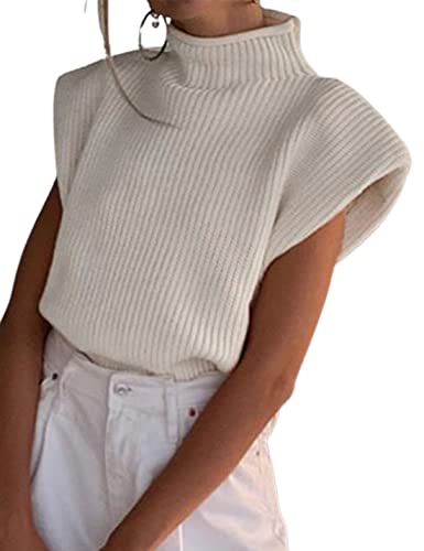 Ameliever Women's High Neck Knit Sweater Vest Sleeveless Ribbed Pullover Tank Tops(White-Xs) #TOP26