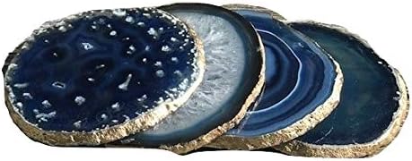 Set Of 4 Agate Coasters - Blue Colored Agate Coasters - Gold Rimmed - Bumpers