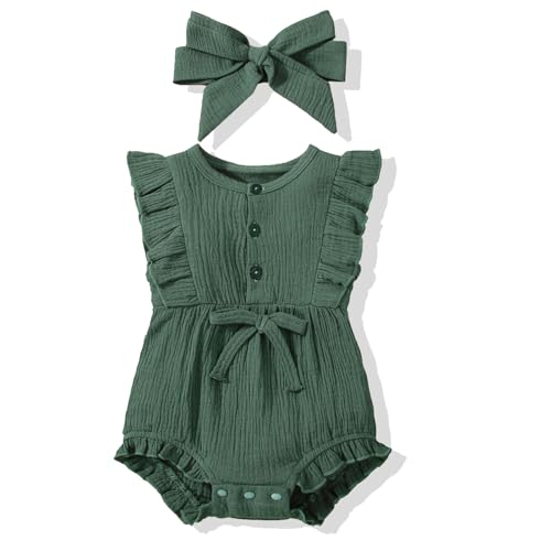 Image of JOPGEEY Toddler Girl Romper Cute Baby Girl Romper One-piece Snap up Cotton Linen Fall Baby Clothes Girl Green Outfits Set