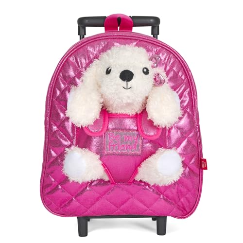 PERLETTI Mochila Ruedas Niña con Caniche Peluche - Trolley Infantil Niñas Guardería con Perro Peluche Extraíble Rosa - Mochilita Regalo Niña con Carro Desmontable - 32x18x11cm (Mochila con Ruedas)