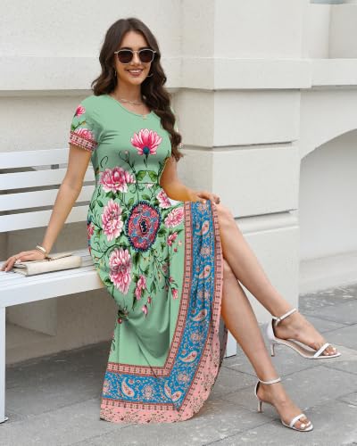 Image of COSSEN Women's Crew Neck Short Sleeve Maxi Dress with Pockets Casual Loose Swing for Wedding Guest Beach Vacation