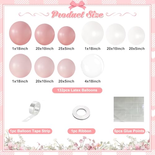 Pink Balloon Arch Kit 132Pcs Pink and White Balloon Arch Garland Kit Include Light Pink White Balloons Clear Balloons for Birthday Wedding Baby Shower Anniversary Bachelorette Bridal Party Decorations — view 3