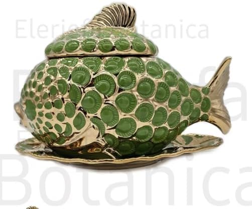 Inle & Abata Fish Soup Tureen – Sopera Santeria Porcelain Pot with Lid, Green & Gold Decorative Pescado for Rituals, Offerings & Spiritual Use (Blue)