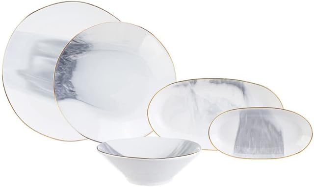 Karaca Stoneware Dinnerware Set for 12, 39 Piece, Grey White Gold, 8 Settings with 4 Free