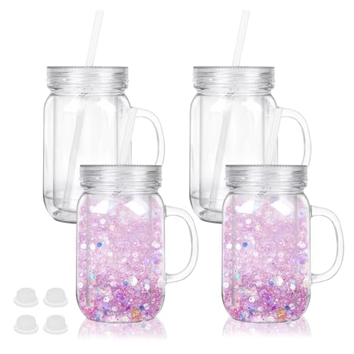 CHLJAR 20 Oz Plastic Snowglobe Tumbler, 4 Pack Pre-Drilled Double