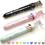 YEEMO 3-Pack Multi Color Pens All in One, 0.7 mm 10-in-1 Multicolor Ballpoint Pens with Crystal Bear Toppers, Transparent Pouch, Ideal for Students, Office & Creative Gifts