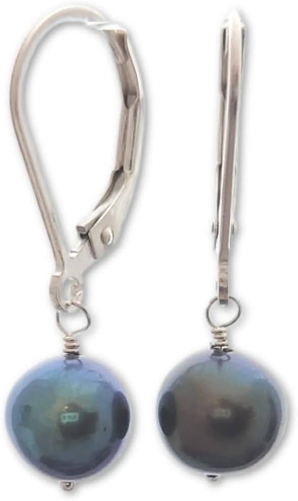 Cultured Black Freshwater Pearl drop earrings Sterling Silver, Peacock Pearl