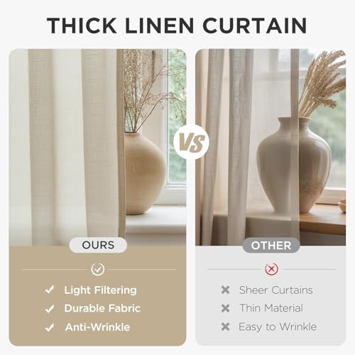Image of Joydeco Curtains, 108 Inches Long, 2 Panels Set, Farmhouse Drapes for Living Room, Semi-Blackout, Linen-Polyester, Ivory on Linen, Rod Pocket