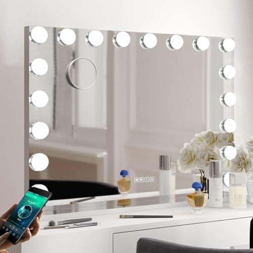 Fenair Hollywood Vanity Mirror with Lights and Bluetooth Speaker 80×60cm Large Makeup Mirror with 18 Dimmable LED,3 Lighting Modes,USB Charging Port,Tabletop or Wall Mounted Vanity Mirror for Bedroom