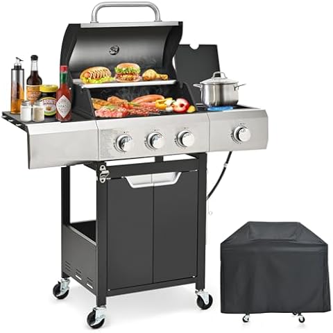 YIORTWO 3-Burner Propane Gas BBQ Grill with Side Burner, Rain Cover Design, Stainless Steel Gas Grill with 40,500 BTUs Output for Outdoor, Camping, Barbecue Grilling Backyard Cooking, Black Silver Cover
