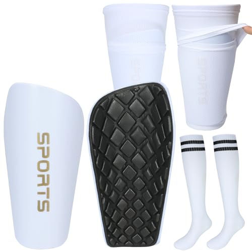 Adegari Soccer Shin Guards for Kids Youth, Protective Soccer Shin Pads & Sleeves with Optimized Insert Pocket & Long Soccer Socks for Children Teens Boys Girls-White M