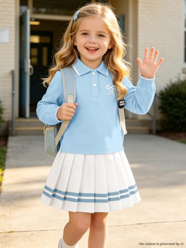 Image of Betusline Girls Skirt Set Long Sleeve Polo & Pleated Skirt, 4-14Y