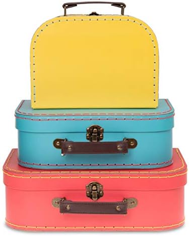 Jewelkeeper Paperboard Vintage Suitcase - Set of 3 Decorative Vintage Luggage - Storage Cardboard Suitcase - Mini Luggage Gift Box for Birthday or Wedding - Red, Turquoise, Yellow