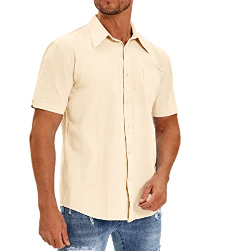 Oyamiki Mens Short Sleeve Regular-Fit Shirt Fishing Tees Linen Casual Button-Down Shirts Cream #TOP3