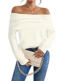SunnyMelody Womens Off The Shoulder Sexy Sweaters for Women Fall Winter Spring 2025 Trendy Ladies Dressy Cozy Soft Chunky Ribbed Knit Loose Long Sleeve Knitted Pullover Sweater Tops White M