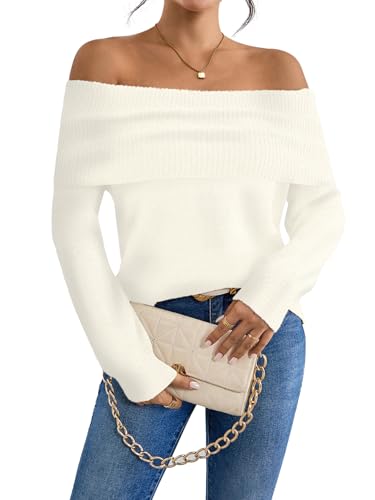 Womens Off The Shoulder Sexy Sweater Fall 2025 Trendy Ladies Dressy Chunky Ribbed Knit Slim Fit Pullover Tops