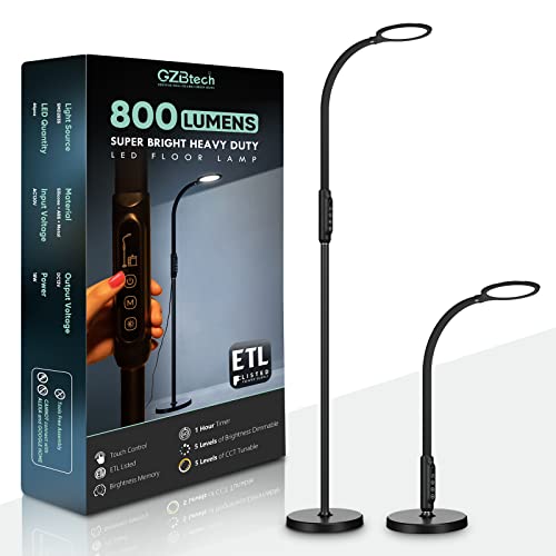 GZBtech Bright LED Floor Lamp 800 Lumens, 3000-6500K Warm Cool White Changeable Touch Control Reading Lamp, 360°Gooseneck & Dimmable LED Standing Floor Light ETL Listed 64” H for Indoor Living Room