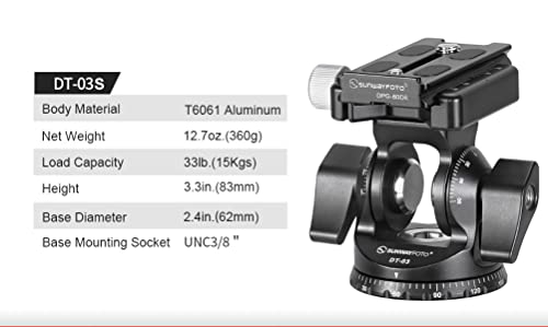 Sunwayfoto DT-03S Arca Compatible 2 Way Tilt Head + 60mm QR Plate for Tripod/Monopod