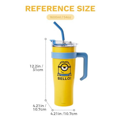 Image of MINISO Minions Travel Tumbler Stainless Steel Cup 54 oz with Handle Water Bottle with Lid and Straw Coffee Mug Holder Compatible BPA-Free for girls and kids | School Office Home