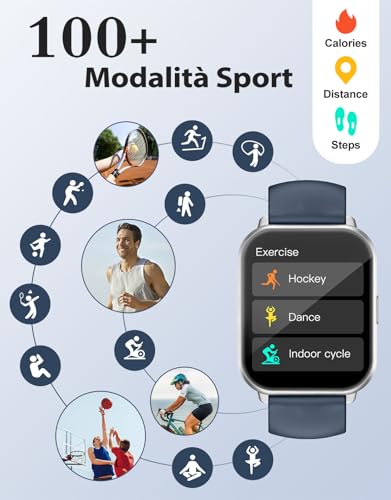 Ruimen Smartwatch Uomo Chiamate Bluetooth Orologio Sportive Contapassi Android Ios Compatibile Fitness Tracker Cardiofrequenzimetro Da Polso Saturimetro Impermeabile IP68 Notifiche Whatsapp Blu - 2