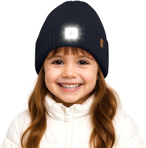 Image of ATNKE Kids LED Lighted Beanie Hat,USB Rechargeable 4 LED Running Headlamp Hands Free Head Torch Cap with Light Winter Warm Fleece Lined Knit Beany Gifts for Boys and Girls/Navy Blue