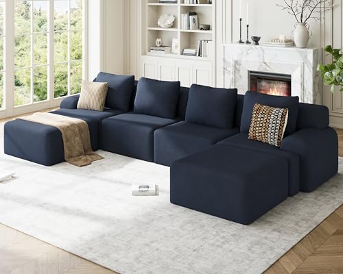 Kalafini 153" Boneless Couches for Living Room, Blue-Grey U-Shaped 6-Seat