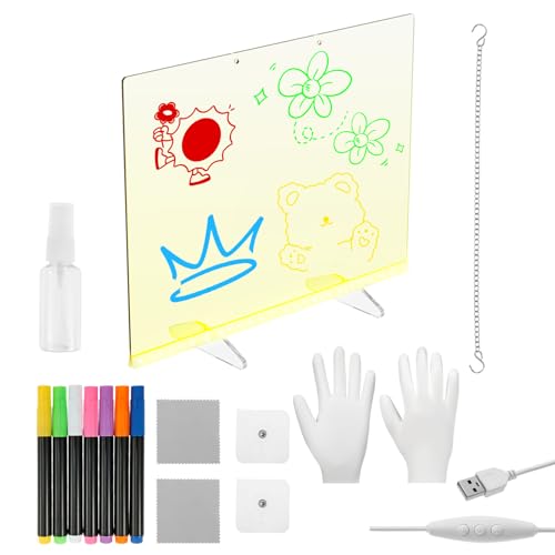 BAODBF Tableau à dessin LED lumineux pour enfants - Tableau mémo - Avec 7 couleurs - Transparent - Effaçable - En acrylique - Pour bloc-notes, tableau d'écriture, mémo - 35 x 25 cm