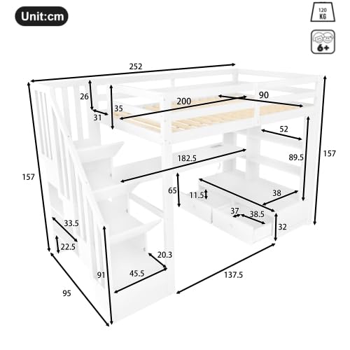 Merax 90x200 Hochbett mit Schreibtisch, Regalen & Stauraumtreppe, Weiß – Kinderhochbett mit LED-Beleuchtung, 2 Schubladen, Multifunktionales Design für Kinderzimmer