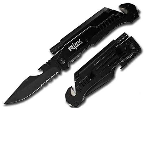 9" Tactical Spring Assisted Red Survival 7 in 1 Rescue Pocket Knife LED Light Fire Starter Blade Sharpener Bottle Opener Glass Breaker Belt Cutter (Black)